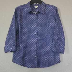 L.L. Bean Navy Patterned Casual Button Up 3/4 Sleeve Shirt